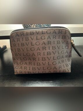 Authentic BVLGARI Logomania Canvas Cosmetic Pouch / Makeup Clutch –Vintage Brown